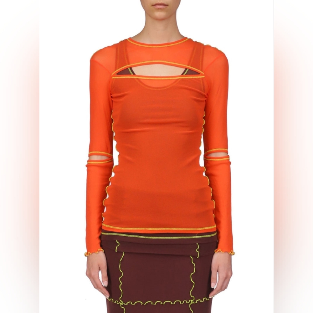Marina Moscone Orange Sheer Layer Long Sleeve Top